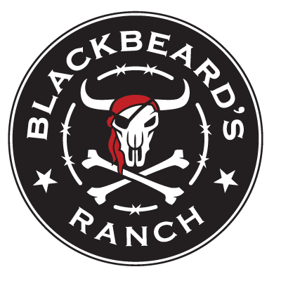 Blackbeards Ranch Logo cattle scull and cross bones with red bandana and eye patch