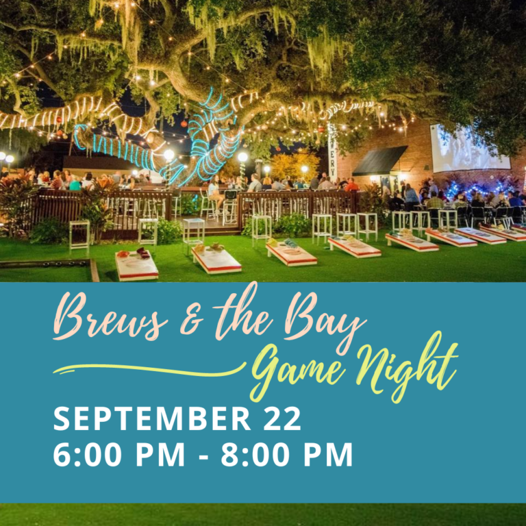 Motorworks brewery back patio with trees lit up with lights behind text: Brews and the Bay Game Night Sept 22 6:00 - 8:00PM