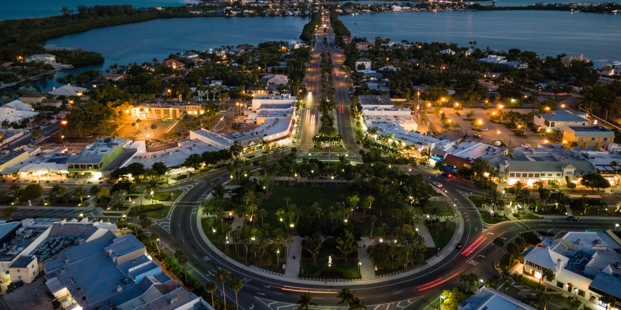 aerial view of St Armands Circle at night